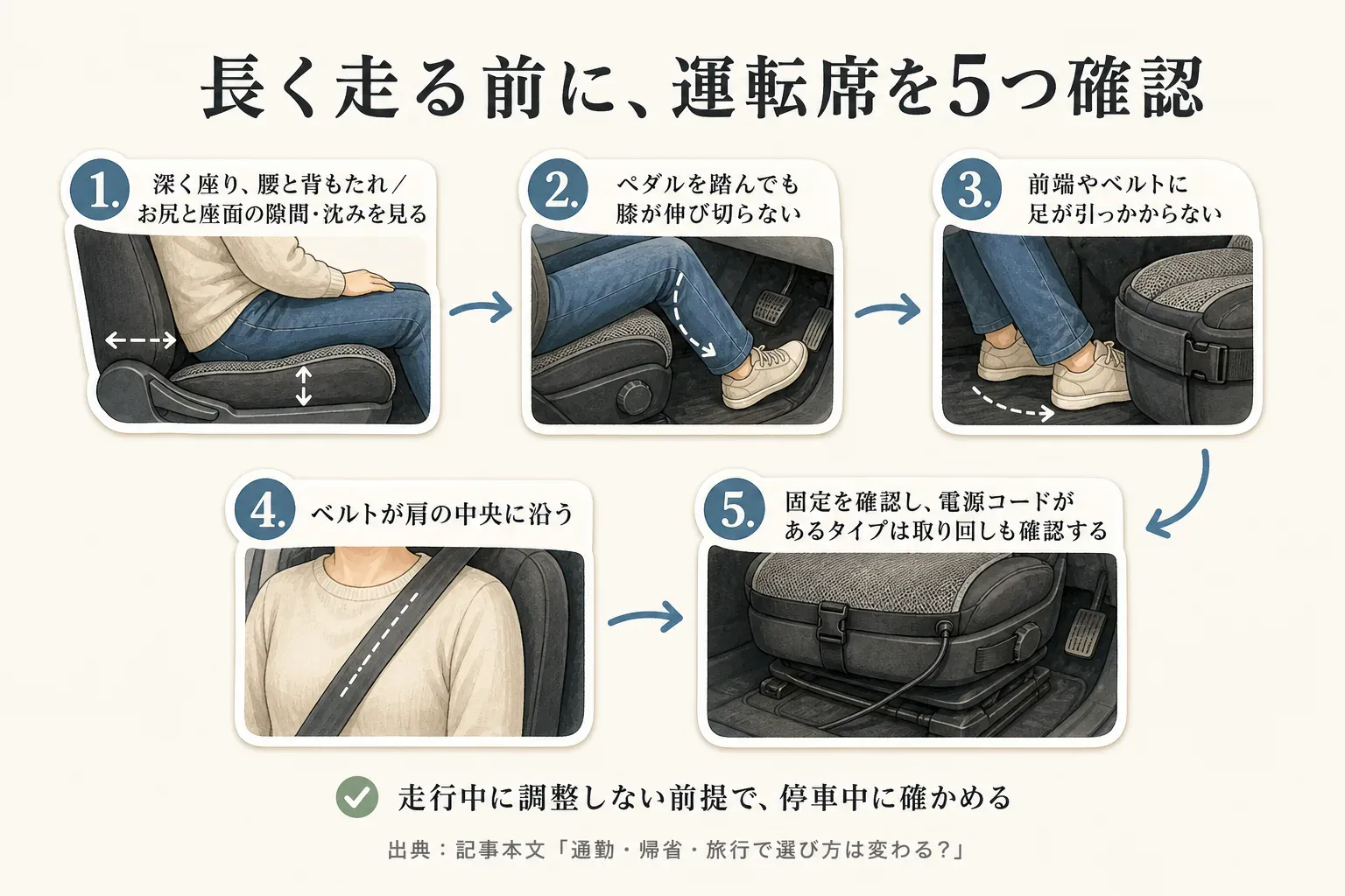 長く走る前に停車中に確認する運転席の5項目。深く座って腰・背もたれとお尻・座面の隙間や沈みを見る、ペダルを踏んでも膝が伸び切らない、座面前端やベルトに足が引っかからない、シートベルトが肩の中央に沿う、クッションの固定と電源コードの取り回しを確認する。出典：記事本文「通勤・帰省・旅行で選び方は変わる？」。