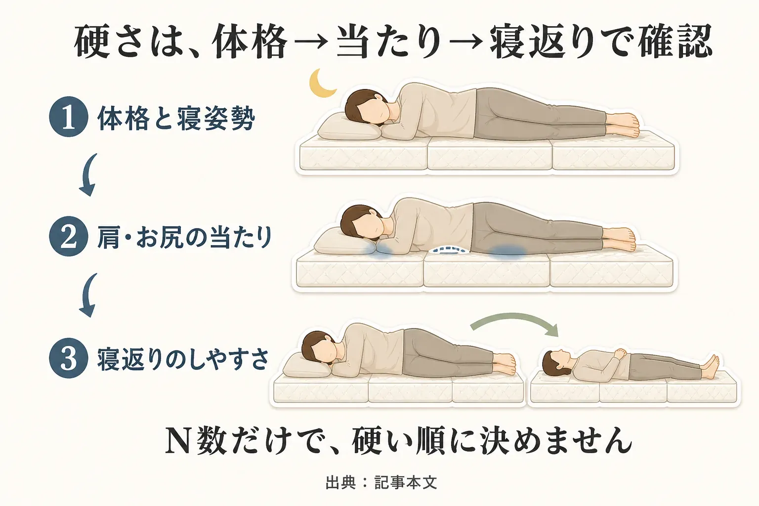 高反発マットレスの硬さを確認する順番を示す図。1は体格と寝姿勢、2は横向きで肩とお尻の当たり方および腰の隙間、3は横向きから仰向けへ寝返りする際の動きやすさを確認する。N数だけで硬い順に決めない。出典：記事本文。