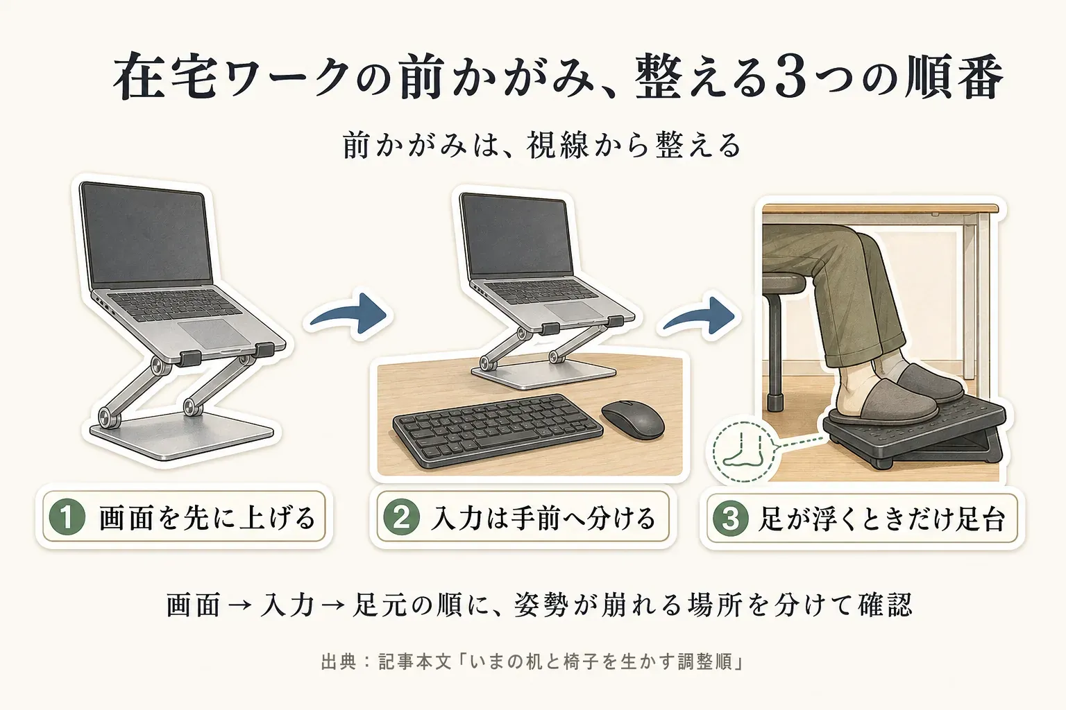 在宅ワークの前かがみを整える順番。1はノートPCスタンドで画面を先に上げる、2は外付けキーボードとマウスを手前へ分ける、3は足が浮くときだけフットレストを足す。出典：記事本文「いまの机と椅子を生かす調整順」。