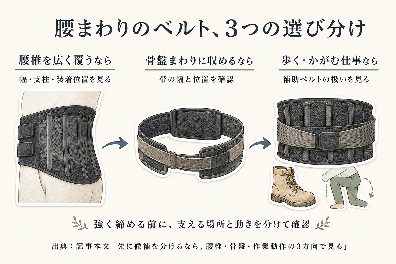 腰まわりのベルトを選ぶ3つの方向を示す図。腰椎を広く覆う場合は幅・支柱・装着位置、骨盤周りに収める場合は帯の幅と位置、歩く・かがむ仕事では補助ベルトの扱いを確認する。出典：記事本文「先に候補を分けるなら、腰椎・骨盤・作業動作の3方向で見る」。