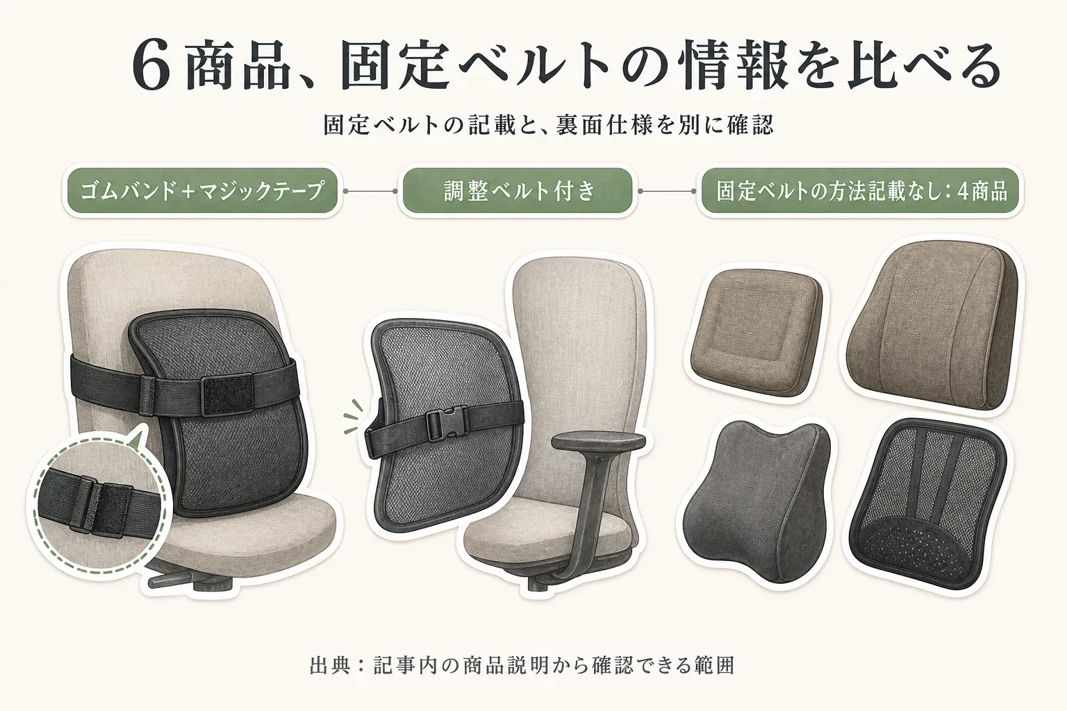 ランバーサポート6商品の固定方法の比較。ゴムバンドとマジックテープで固定するタイプ、調整ベルト付きのタイプ、固定ベルトの方法が商品説明に記載されていない4商品を示し、固定ベルトの記載と裏面仕様を別に確認するよう案内する。出典：記事内の商品説明から確認できる範囲。