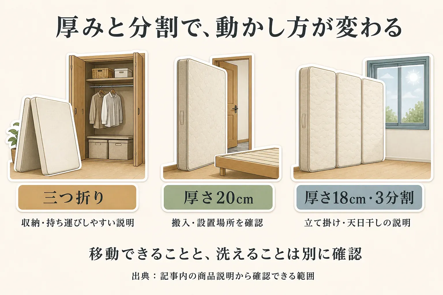 厚みと分割によるマットレスの動かし方の違いを示す図。三つ折りは収納・持ち運びしやすい説明、厚さ20cmは搬入と設置場所の確認、厚さ18cm・3分割は立て掛けと天日干しの説明を示す。移動できることと洗えることは別に確認する。出典：記事内の商品説明から確認できる範囲。