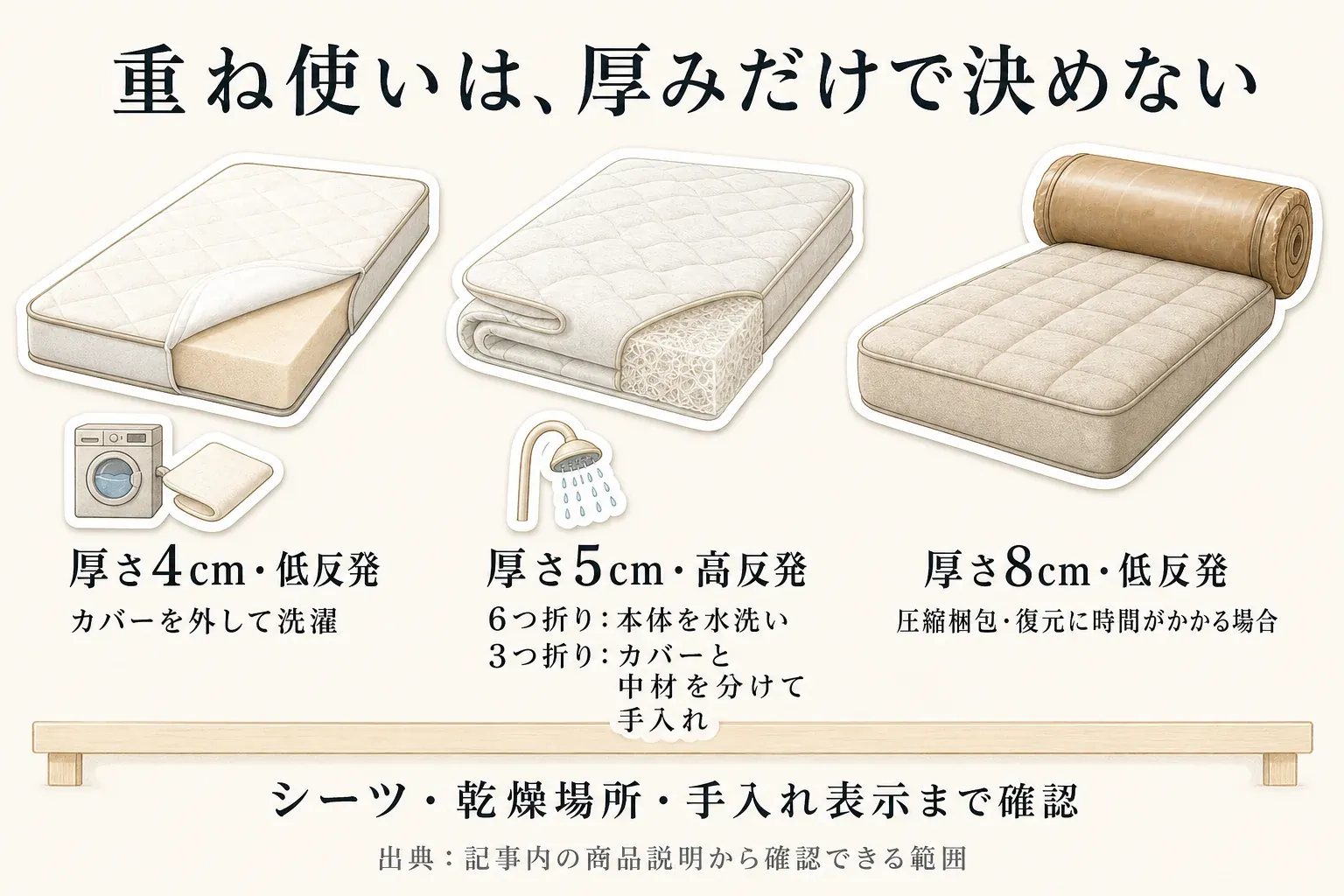 マットレストッパーの重ね使いは厚みだけで決めないことを示す図。厚さ4cm・低反発はカバーを外して洗濯、厚さ5cm・高反発は6つ折りで本体を水洗い、3つ折りでカバーと中材を分けて手入れ、厚さ8cm・低反発は圧縮梱包で復元に時間がかかる場合があることを示し、シーツ・乾燥場所・手入れ表示まで確認する。出典：記事内の商品説明から確認できる範囲。