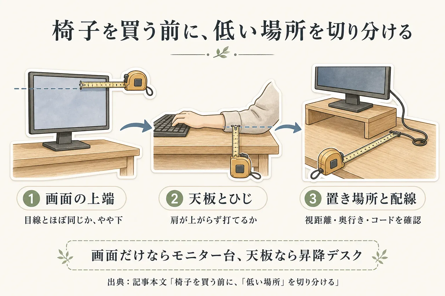 椅子を買う前に低い場所を切り分ける確認図。画面の上端が目線とほぼ同じかやや下か、キーボードを打つときに肩が上がらない天板高か、視距離・机の奥行き・配線を確保できる置き場所かを順に測り、画面だけが低ければモニター台、天板が合わなければ昇降デスクを選ぶ流れを示す。出典：記事本文「椅子を買う前に、『低い場所』を切り分ける」。