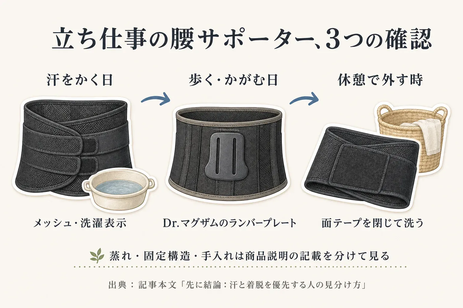 立ち仕事用の腰サポーターを選ぶ3つの確認場面。汗をかく日はメッシュと洗濯表示、歩く・かがむ日はランバープレートなどの固定構造、休憩で外す時は面テープを閉じて洗うことを確認する流れを示す。出典：記事本文「先に結論：汗と着脱を優先する人の見分け方」。