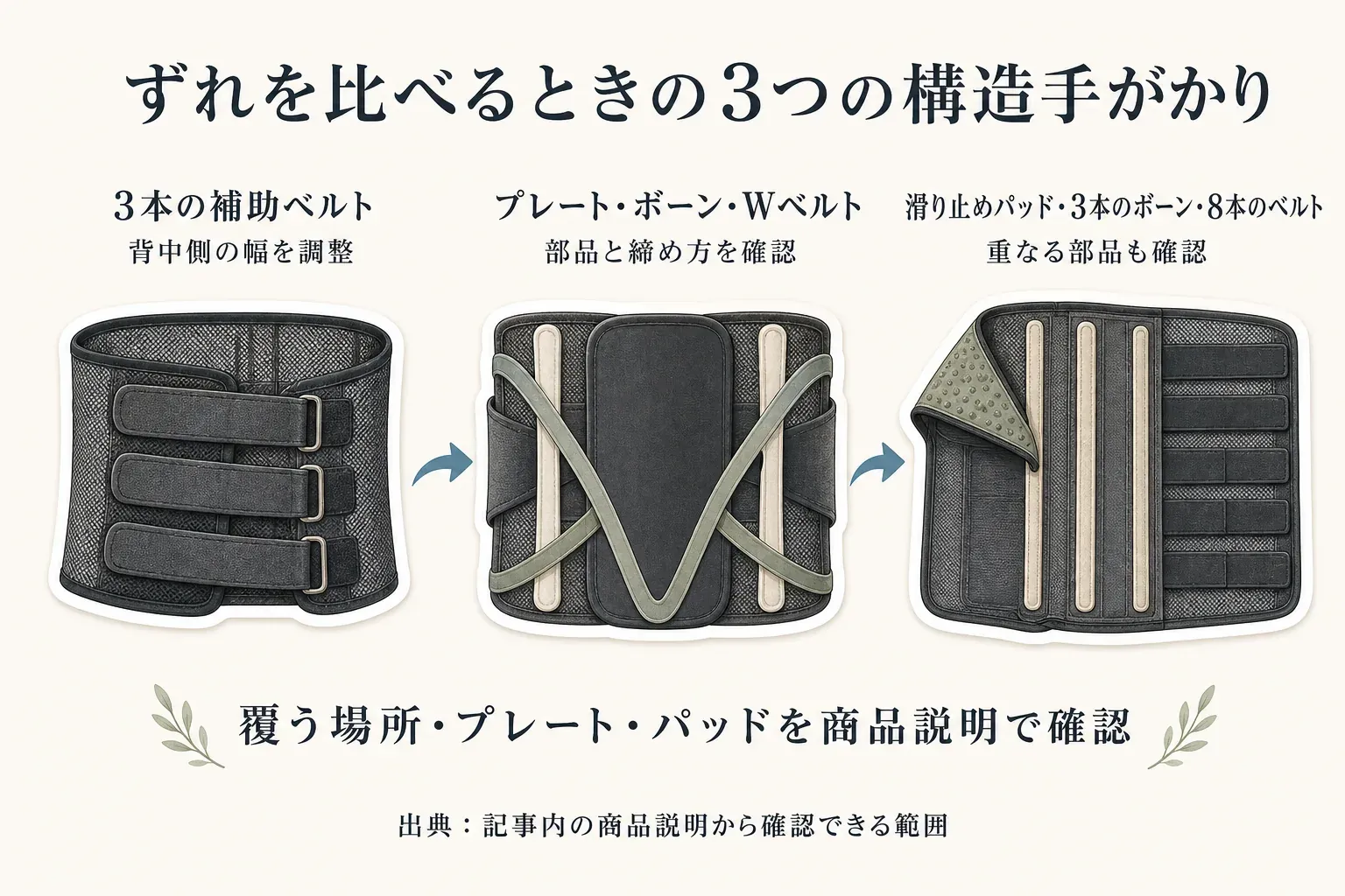 腰サポーターのずれにくさを比べる構造の手がかり。3本の補助ベルトで背中側の幅を調整するタイプ、プレート・ボーン・Wベルトを組み合わせるタイプ、滑り止めパッド・3本のボーン・8本のベルトを使うタイプを示す。出典：記事内の商品説明から確認できる範囲。