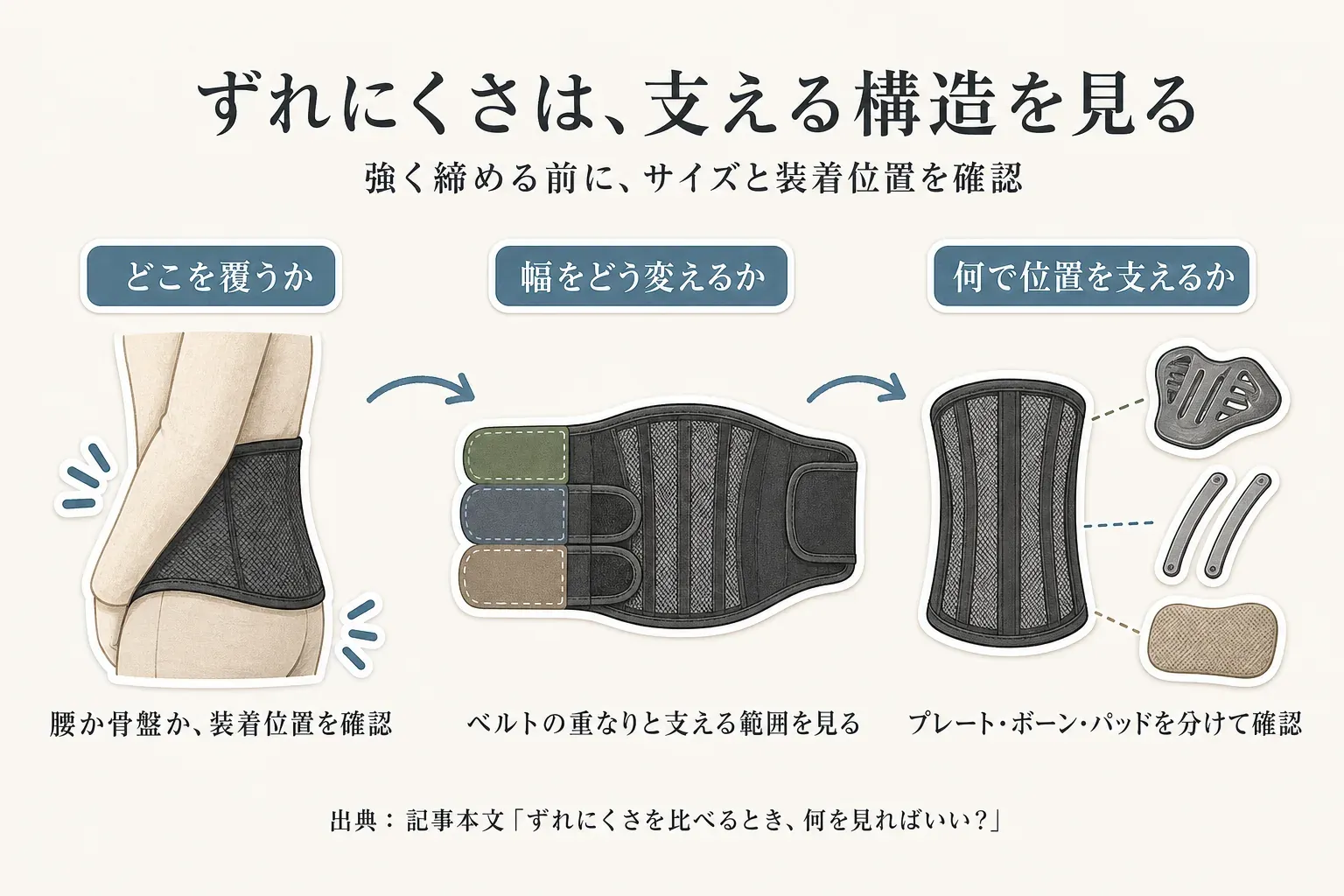 腰サポーターのずれにくさを確認する順番。腰か骨盤かの装着位置、ベルトの重なりと支える範囲、プレート・ボーン・パッドなど位置を支える部品を確認し、強く締める前にサイズと指定の装着位置を確認する。出典：記事本文「ずれにくさを比べるとき、何を見ればいい？」。