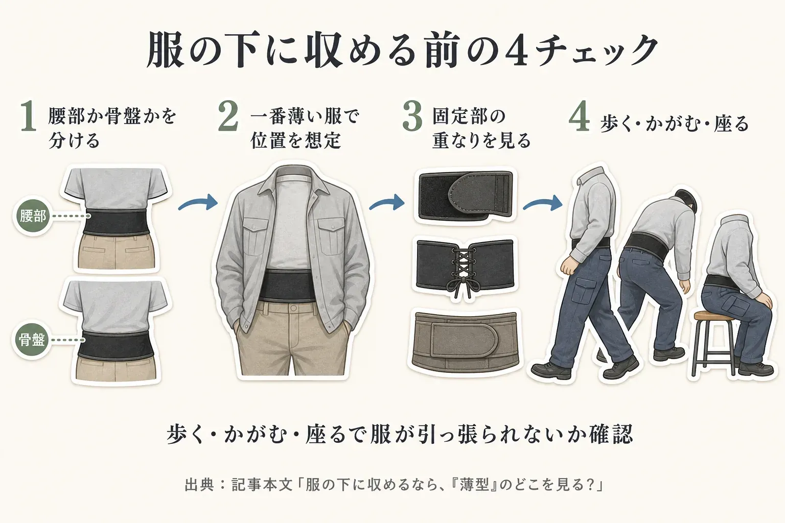 腰部か骨盤周りかを分ける、一番薄い服で装着位置を想定する、面ファスナーやストリングなど固定部の重なりを見る、歩く・かがむ・座る動作で服が引っ張られないか確認する、服の下に収める前の4チェック。出典：記事本文「服の下に収めるなら、『薄型』のどこを見る？」。
