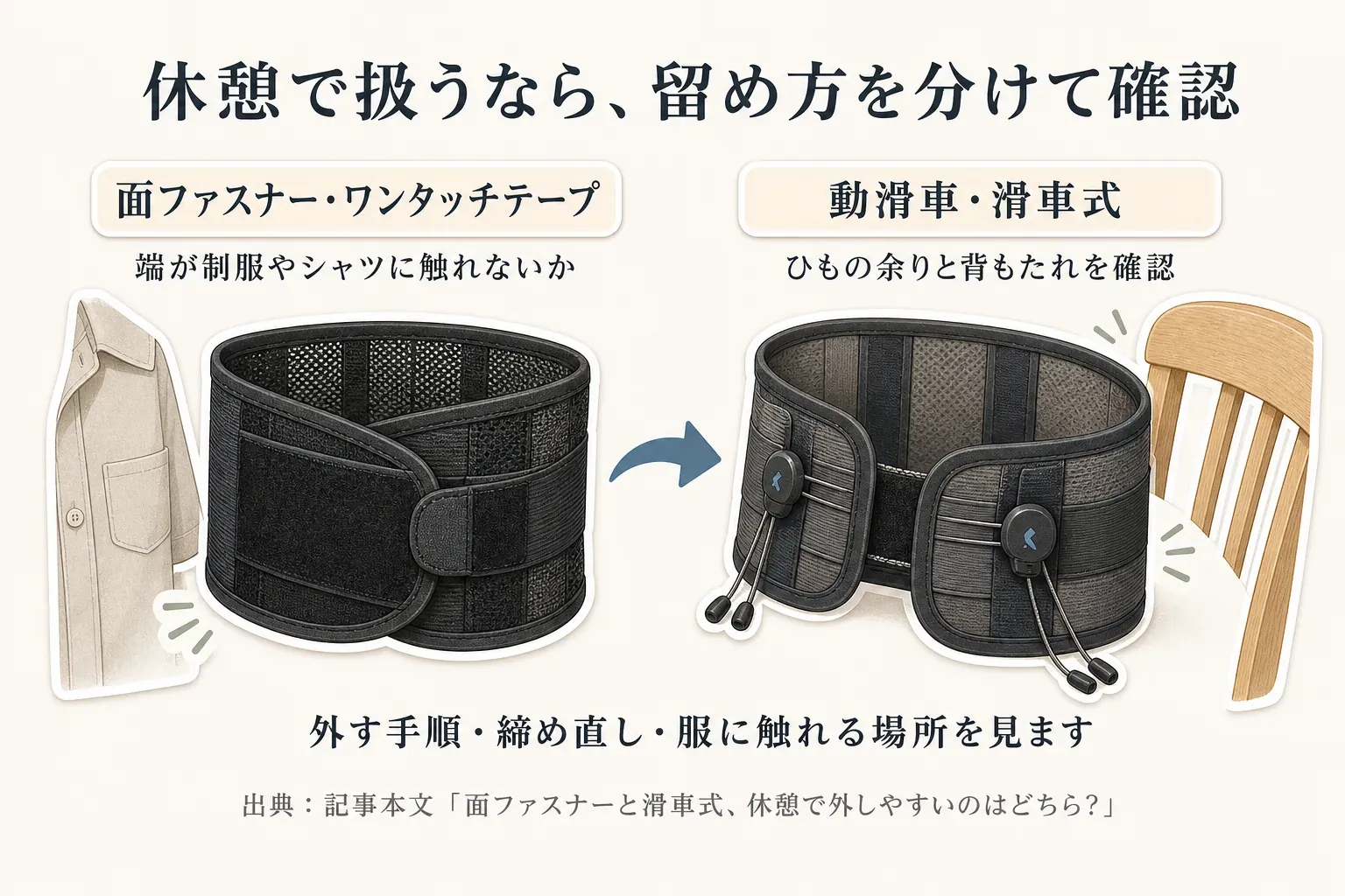 休憩時の腰サポーターの留め方を比較する図。面ファスナー・ワンタッチテープ式では端が制服やシャツに触れないか、動滑車・滑車式ではひもの余りが背もたれに当たらないかを確認し、外す手順・締め直し・服に触れる場所を確認する。出典：記事本文「面ファスナーと滑車式、休憩で外しやすいのはどちら？」。