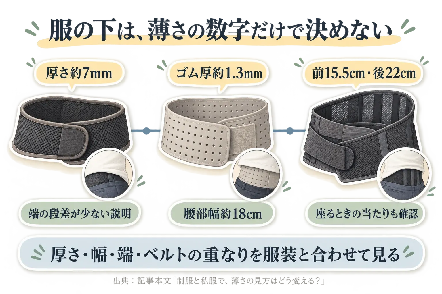 服の下で腰サポーターを選ぶときに、厚さ約7mmで端の段差が少ない説明、ゴム厚約1.3mm・腰部幅約18cm、前幅15.5cm・後幅22cmという寸法を比べ、厚さ・幅・端・ベルトの重なりを服装と合わせて確認する図。出典：記事本文「制服と私服で、薄さの見方はどう変える？」。